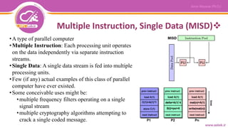Multiple Instruction, Single Data (MISD)
•A type of parallel computer
•Multiple Instruction: Each processing unit operates
on the data independently via separate instruction
streams.
•Single Data: A single data stream is fed into multiple
processing units.
•Few (if any) actual examples of this class of parallel
computer have ever existed.
•Some conceivable uses might be:
•multiple frequency filters operating on a single
signal stream
•multiple cryptography algorithms attempting to
crack a single coded message.
 