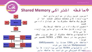 ‫اشتراکی‬ ‫حافظه‬Shared Memory
•‫است‬ ‫سازی‬ ‫موازی‬ ‫در‬ ‫روش‬ ‫ترین‬ ‫مرسوم‬
•‫از‬ ‫اما‬ ‫هستند‬ ‫مستقل‬ ‫مختلف‬ ‫های‬ ‫پردازنده‬
‫می‬ ‫داده‬ ‫تبادل‬ ‫هم‬ ‫با‬ ‫مشترک‬ ‫حافظه‬ ‫یک‬ ‫طریق‬
‫کنند‬
•‫یک‬ ‫توسط‬ ‫حافظه‬ ‫در‬ ‫داده‬ ‫یک‬ ‫تغییرات‬
‫پردازنده‬ ‫سایر‬ ‫برای‬ ‫مشاهده‬ ‫قابل‬ ‫پردازنده‬
‫باشد‬ ‫می‬ ‫ها‬
•‫سطح‬ ‫و‬ ‫نوع‬ ‫نظر‬ ‫از‬ ‫مشترک‬ ‫حافظه‬ ‫ماشینهادی‬
‫دسته‬ ‫دو‬ ‫به‬ ‫دسترسی‬UMA‫و‬NUMA‫می‬ ‫تقسیم‬
‫شوند‬:
•‫های‬ ‫حافظه‬UMA‫با‬ ‫عمدتا‬SMP(Symmetric
Multiprocessor)‫شوند‬ ‫می‬ ‫شناخته‬
•‫ماشینهای‬ ‫در‬NUMA‫با‬ ‫ها‬ ‫پردازنده‬ ‫تمامی‬
‫سایر‬ ‫حافظه‬ ‫به‬ ‫توانند‬ ‫می‬ ‫فیزیکی‬ ‫اتصاالت‬
 