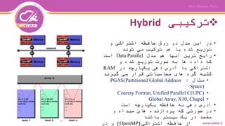 ‫ترکیبی‬Hybrid
•‫و‬ ‫اشتراکی‬ ‫حافظه‬ ‫روش‬ ‫دو‬ ‫مدل‬ ‫این‬ ‫در‬
‫شوند‬ ‫می‬ ‫ترکیب‬ ‫هم‬ ‫با‬ ‫شده‬ ‫توزیع‬
•‫مدل‬ ‫هم‬ ‫آنها‬ ‫ترین‬ ‫رایج‬Data Parallel‫است‬
‫و‬ ‫شده‬ ‫توزیع‬ ‫صورت‬ ‫به‬ ‫ها‬ ‫داده‬ ‫که‬
‫در‬ ‫یکپارچه‬ ‫دهی‬ ‫آدرس‬ ‫با‬ ‫اشتراکی‬RAM
‫گیرند‬ ‫می‬ ‫قرار‬ ‫محاسباتی‬ ‫های‬ ‫گره‬ ‫کلیه‬
•‫مثال‬:PGAS(Partitioned Global Address
Space)
•Coarray Fortran, Unified Parallel C(UPC)
•Global Array, X10, Chapel
•‫است‬ ‫یکپارچه‬ ‫حافظه‬ ‫به‬ ‫دهی‬ ‫آدرس‬
•‫و‬ ‫مبداء‬ ‫های‬ ‫پردازنده‬ ‫که‬ ‫صورتی‬ ‫در‬
‫باشند‬ ‫سیستم‬ ‫یک‬ ‫در‬ ‫مقصد‬
‫اشتراکی‬ ‫حافظه‬ ‫از‬(OpenMP)‫در‬ ‫و‬
 