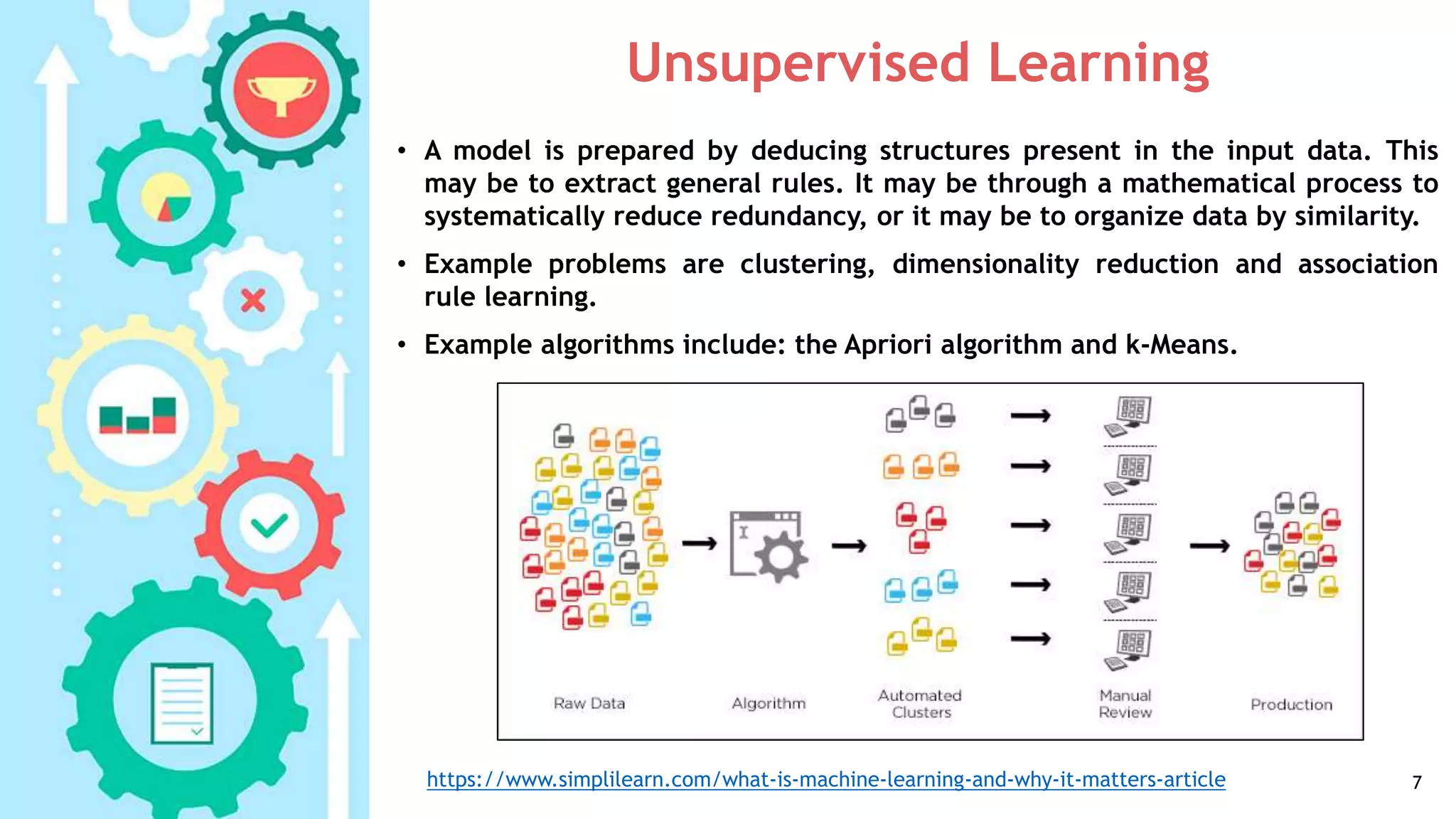Unsupervised Learning
7https://www.simplilearn.com/what-is-machine-learning-and-why-it-matters-article
• A model is prepared by deducing structures present in the input data. This
may be to extract general rules. It may be through a mathematical process to
systematically reduce redundancy, or it may be to organize data by similarity.
• Example problems are clustering, dimensionality reduction and association
rule learning.
• Example algorithms include: the Apriori algorithm and k-Means.
 