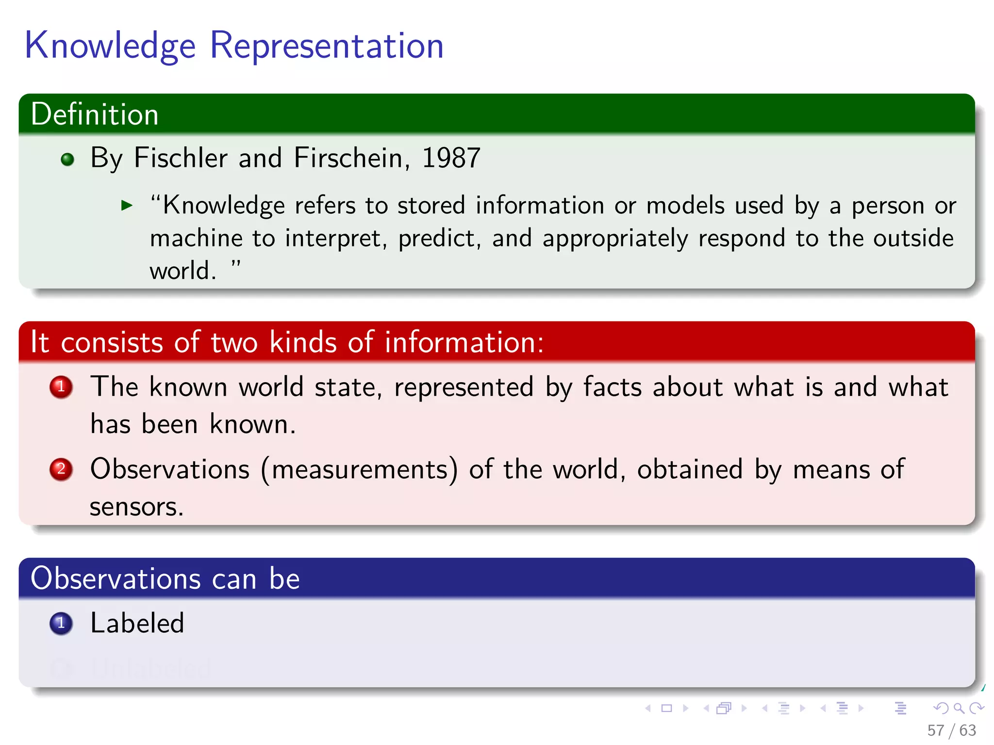 Knowledge Representation
Deﬁnition
By Fischler and Firschein, 1987
“Knowledge refers to stored information or models used by a person or
machine to interpret, predict, and appropriately respond to the outside
world. ”
It consists of two kinds of information:
1 The known world state, represented by facts about what is and what
has been known.
2 Observations (measurements) of the world, obtained by means of
sensors.
Observations can be
1 Labeled
2 Unlabeled
57 / 63
 