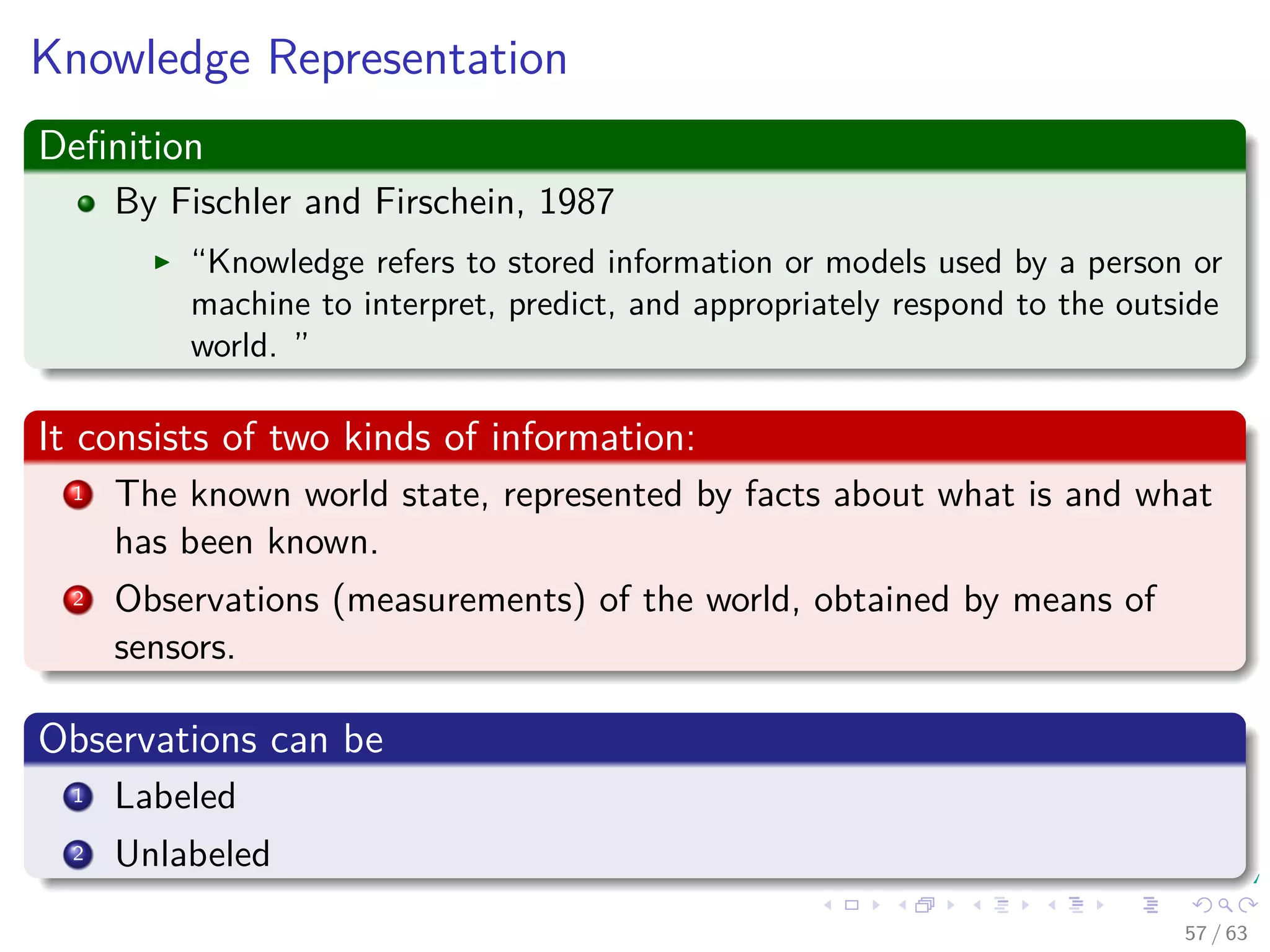 Knowledge Representation
Deﬁnition
By Fischler and Firschein, 1987
“Knowledge refers to stored information or models used by a person or
machine to interpret, predict, and appropriately respond to the outside
world. ”
It consists of two kinds of information:
1 The known world state, represented by facts about what is and what
has been known.
2 Observations (measurements) of the world, obtained by means of
sensors.
Observations can be
1 Labeled
2 Unlabeled
57 / 63
 
