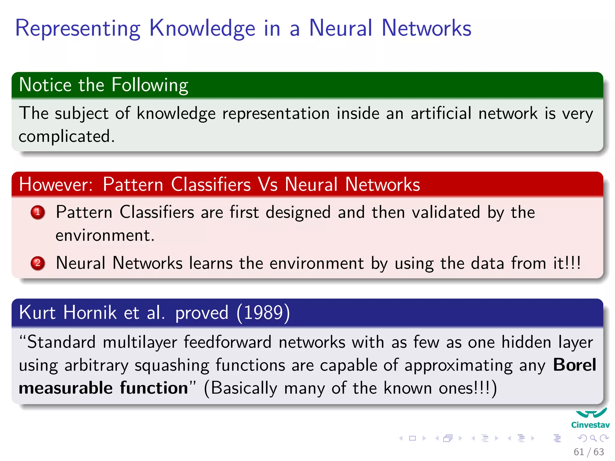 Representing Knowledge in a Neural Networks
Notice the Following
The subject of knowledge representation inside an artiﬁcial network is very
complicated.
However: Pattern Classiﬁers Vs Neural Networks
1 Pattern Classiﬁers are ﬁrst designed and then validated by the
environment.
2 Neural Networks learns the environment by using the data from it!!!
Kurt Hornik et al. proved (1989)
“Standard multilayer feedforward networks with as few as one hidden layer
using arbitrary squashing functions are capable of approximating any Borel
measurable function” (Basically many of the known ones!!!)
61 / 63
 