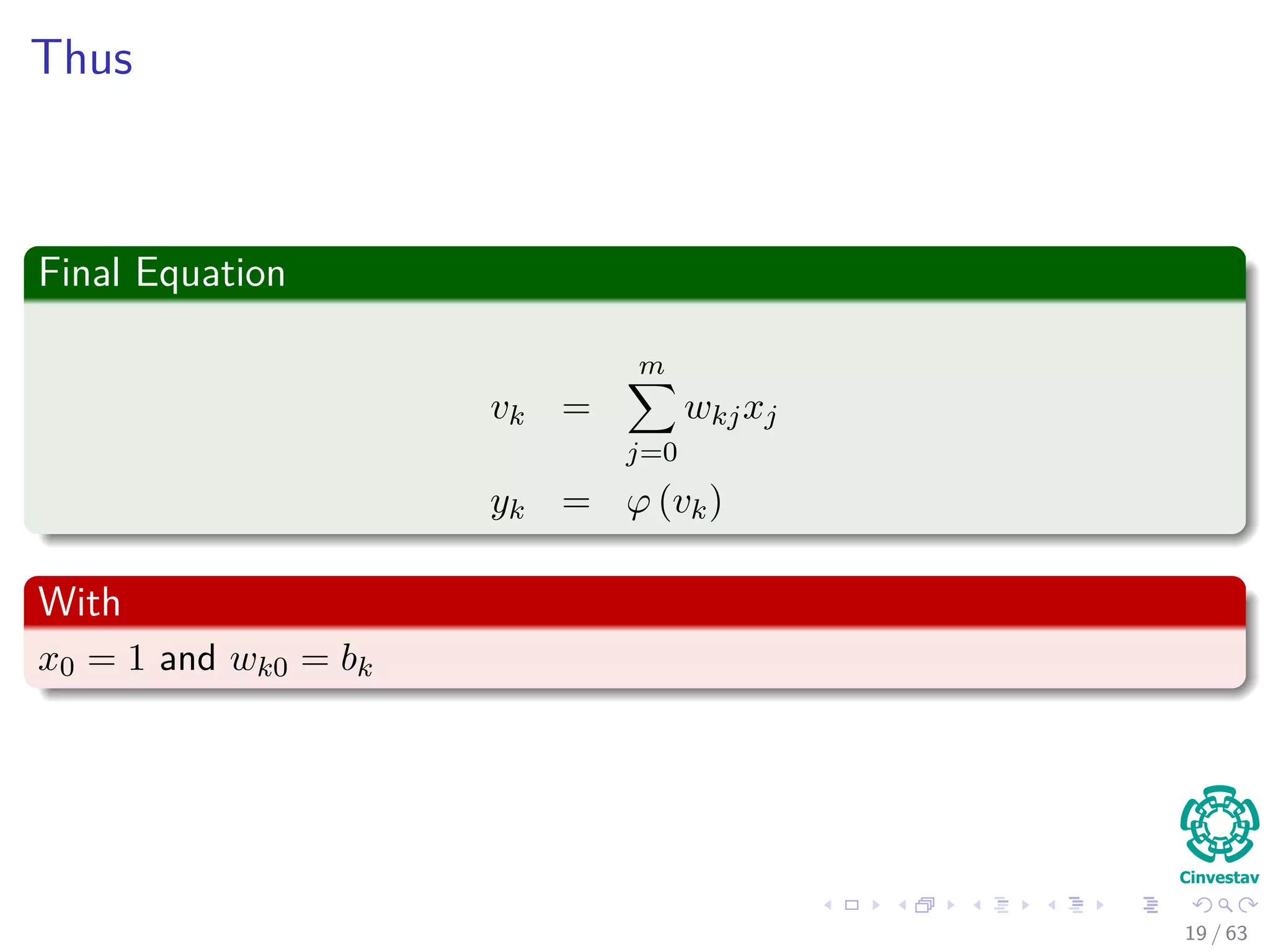 Thus
Final Equation
vk =
m
j=0
wkjxj
yk = ϕ (vk)
With
x0 = 1 and wk0 = bk
19 / 63
 