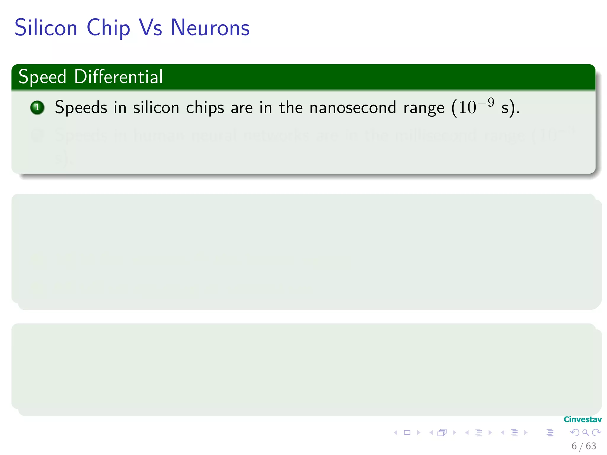 Silicon Chip Vs Neurons
Speed Diﬀerential
1 Speeds in silicon chips are in the nanosecond range (10−9 s).
2 Speeds in human neural networks are in the millisecond range (10−3
s).
However
We have massive parallelism on the human brain
1 10 billion neurons in the human cortex.
2 60 trillion synapses or connections
High Energy Eﬃciency
1 Human Brain uses 10−16 joules per operation.
2 Best computers use 10−6 joules per operation.
6 / 63
 