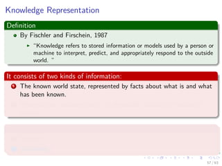 Knowledge Representation
Deﬁnition
By Fischler and Firschein, 1987
“Knowledge refers to stored information or models used by a person or
machine to interpret, predict, and appropriately respond to the outside
world. ”
It consists of two kinds of information:
1 The known world state, represented by facts about what is and what
has been known.
2 Observations (measurements) of the world, obtained by means of
sensors.
Observations can be
1 Labeled
2 Unlabeled
57 / 63
 