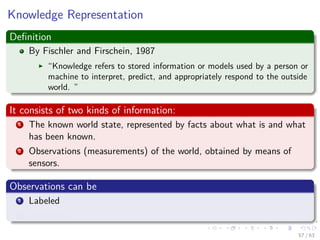 Knowledge Representation
Deﬁnition
By Fischler and Firschein, 1987
“Knowledge refers to stored information or models used by a person or
machine to interpret, predict, and appropriately respond to the outside
world. ”
It consists of two kinds of information:
1 The known world state, represented by facts about what is and what
has been known.
2 Observations (measurements) of the world, obtained by means of
sensors.
Observations can be
1 Labeled
2 Unlabeled
57 / 63
 