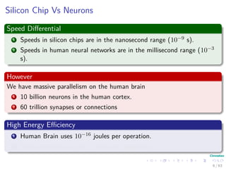 Silicon Chip Vs Neurons
Speed Diﬀerential
1 Speeds in silicon chips are in the nanosecond range (10−9 s).
2 Speeds in human neural networks are in the millisecond range (10−3
s).
However
We have massive parallelism on the human brain
1 10 billion neurons in the human cortex.
2 60 trillion synapses or connections
High Energy Eﬃciency
1 Human Brain uses 10−16 joules per operation.
2 Best computers use 10−6 joules per operation.
6 / 63
 