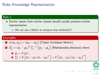 Rules Knowledge Representation
Rule 1
Similar inputs from similar classes should usually produce similar
representation.
We can use a Metric to measure that similarity!!!
Examples
1 d (xi, xj) = xi − xj (Classic Euclidean Metric).
2 d2
ij = (xi − µi)T −1
xj − µj (Mahalanobis distance) where
1 µi = E [xi] .
2 = E (xi − µi) (xi − µi)
T
= E xj − µj xj − µj
T
.
62 / 63
 