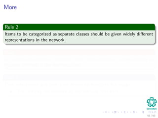 More
Rule 2
Items to be categorized as separate classes should be given widely diﬀerent
representations in the network.
Rule 3
If a particular feature is important, then there should be a large number of
neurons involved in the representation.
Rule 4
Prior information and invariance should be built into the design:
Thus, simplify the network by not learning that data.
63 / 63
 