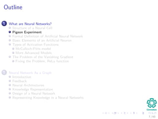 Outline
1 What are Neural Networks?
Structure of a Neural Cell
Pigeon Experiment
Formal Deﬁnition of Artiﬁcial Neural Network
Basic Elements of an Artiﬁcial Neuron
Types of Activation Functions
McCulloch-Pitts model
More Advanced Models
The Problem of the Vanishing Gradient
Fixing the Problem, ReLu function
2 Neural Network As a Graph
Introduction
Feedback
Neural Architectures
Knowledge Representation
Design of a Neural Network
Representing Knowledge in a Neural Networks
7 / 63
 