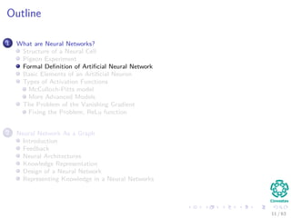 Outline
1 What are Neural Networks?
Structure of a Neural Cell
Pigeon Experiment
Formal Deﬁnition of Artiﬁcial Neural Network
Basic Elements of an Artiﬁcial Neuron
Types of Activation Functions
McCulloch-Pitts model
More Advanced Models
The Problem of the Vanishing Gradient
Fixing the Problem, ReLu function
2 Neural Network As a Graph
Introduction
Feedback
Neural Architectures
Knowledge Representation
Design of a Neural Network
Representing Knowledge in a Neural Networks
11 / 63
 