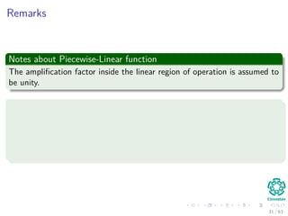 Remarks
Notes about Piecewise-Linear function
The ampliﬁcation factor inside the linear region of operation is assumed to
be unity.
Special Cases
A linear combiner arises if the linear region of operation is maintained
without running into saturation.
The piecewise-linear function reduces to a threshold function if the
ampliﬁcation factor of the linear region is made inﬁnitely large.
31 / 63
 