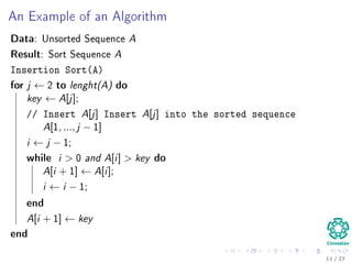 Example: Fibonacci
Fibonacci rule
Fn =



Fn−1 + Fn−2 if n > 1
1 if n = 1
0 if n = 0
Time Complexity
1 Naive version using directly the recursion - exponential time.
2 A more elegant version - linear time.
9 / 36
 