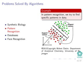 Kolmogorov’s Deﬁnition
A bound for each sub-step
An algorithmic process splits into steps whose complexity is bounded in advance
i.e., the bound is independent of the input and the current state of the
computation.
Transformations done at each step
Each step consists of a direct and immediate transformation of the current state.
This transformation applies only to the active part of the state and does not alter
the remainder of the state.
Size of the steps
The size of the active part is bounded in advance.
Ending the Process
The process runs until either the next step is impossible or a signal says the
solution has been reached.
11 / 36
 