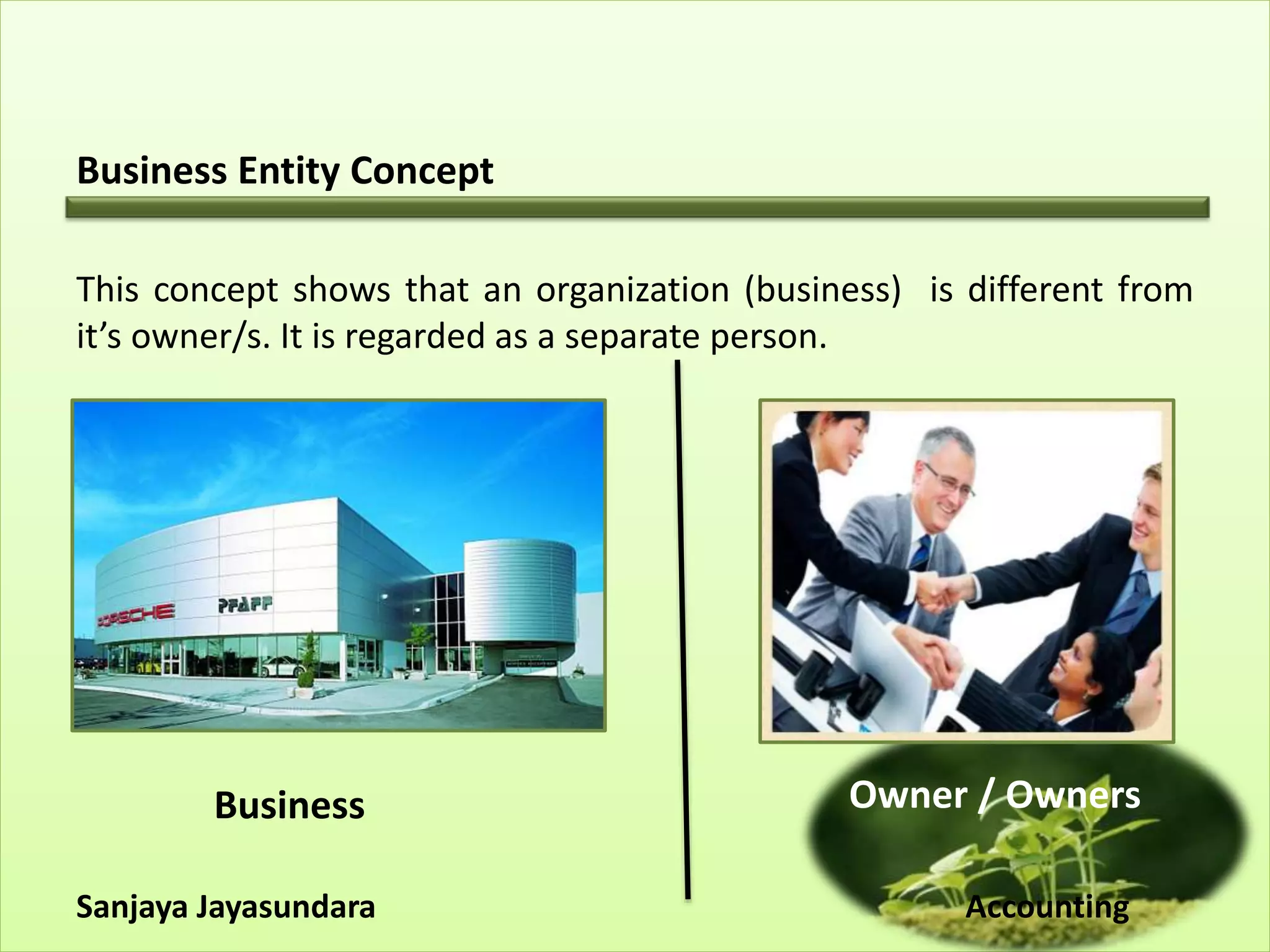 Business Entity Concept
This concept shows that an organization (business) is different from
it’s owner/s. It is regarded as a separate person.
Sanjaya Jayasundara Accounting
Business Owner / Owners
 