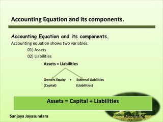Accounting Equation and its components.
Accounting Equation and its components.
Accounting equation shows two variables.
01) Assets
02) Liabilities
Assets = Liabilities
Owners Equity + External Liabilities
(Capital) (Liabilities)
Sanjaya Jayasundara Accounting
Assets = Capital + Liabilities
 