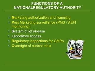 FUNCTIONS OF A  NATIONALREGULATORY AUTHORITY M arketing authorization and licensing P ost Marketing surveillance (PMS / AEFI monitoring) S ystem of lot release L aboratory access R egulatory inspections for GMPs O versight of clinical trials 