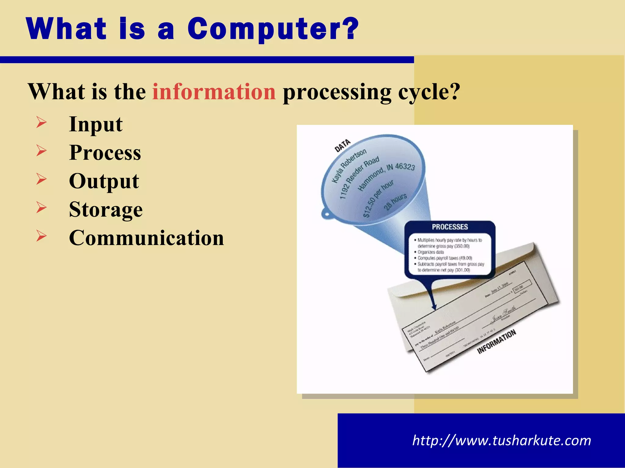 What is a Computer? What is the  information  processing cycle ? Input Process Output Storage Communication http://www.tusharkute.com 