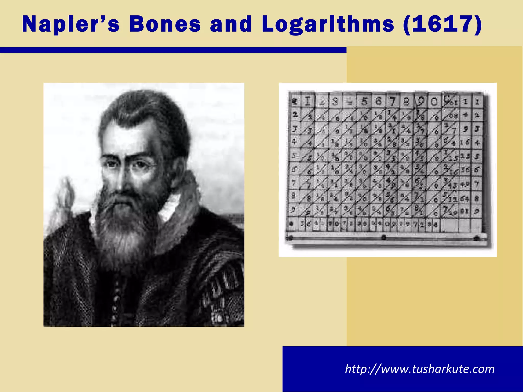 Napier’s Bones and Logarithms (1617) http://www.tusharkute.com 