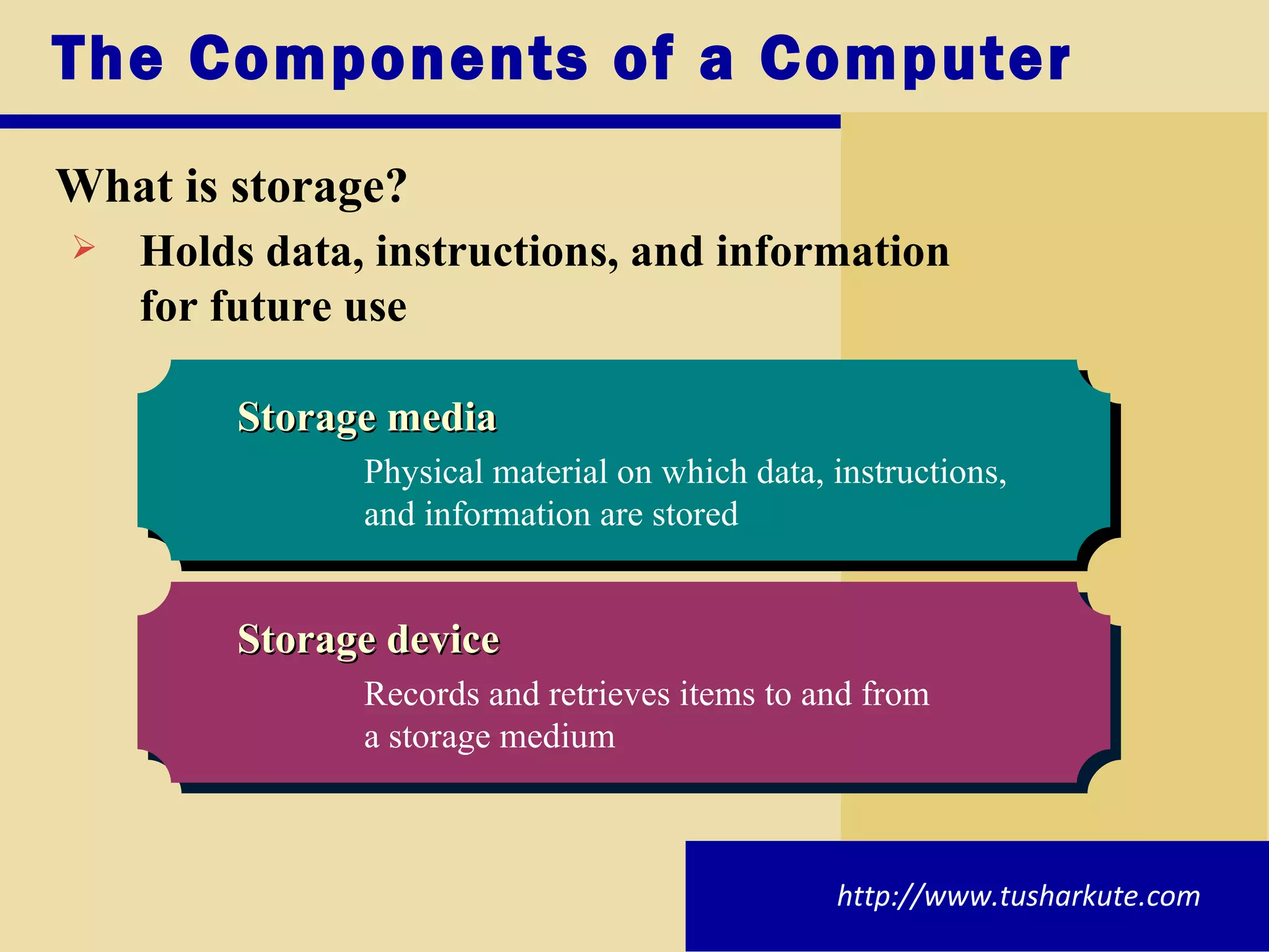 The Components of a Computer What is storage? Storage media Physical material on which data, instructions,  and information are stored Storage device Records and retrieves items to and from  a storage medium Holds data, instructions, and information  for future use http://www.tusharkute.com 