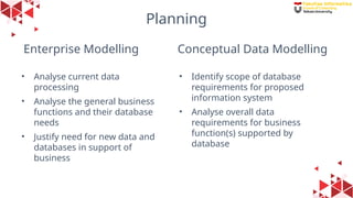 25
Enterprise Modelling
• Analyse current data
processing
• Analyse the general business
functions and their database
needs
• Justify need for new data and
databases in support of
business
• Identify scope of database
requirements for proposed
information system
• Analyse overall data
requirements for business
function(s) supported by
database
Conceptual Data Modelling
Planning
 