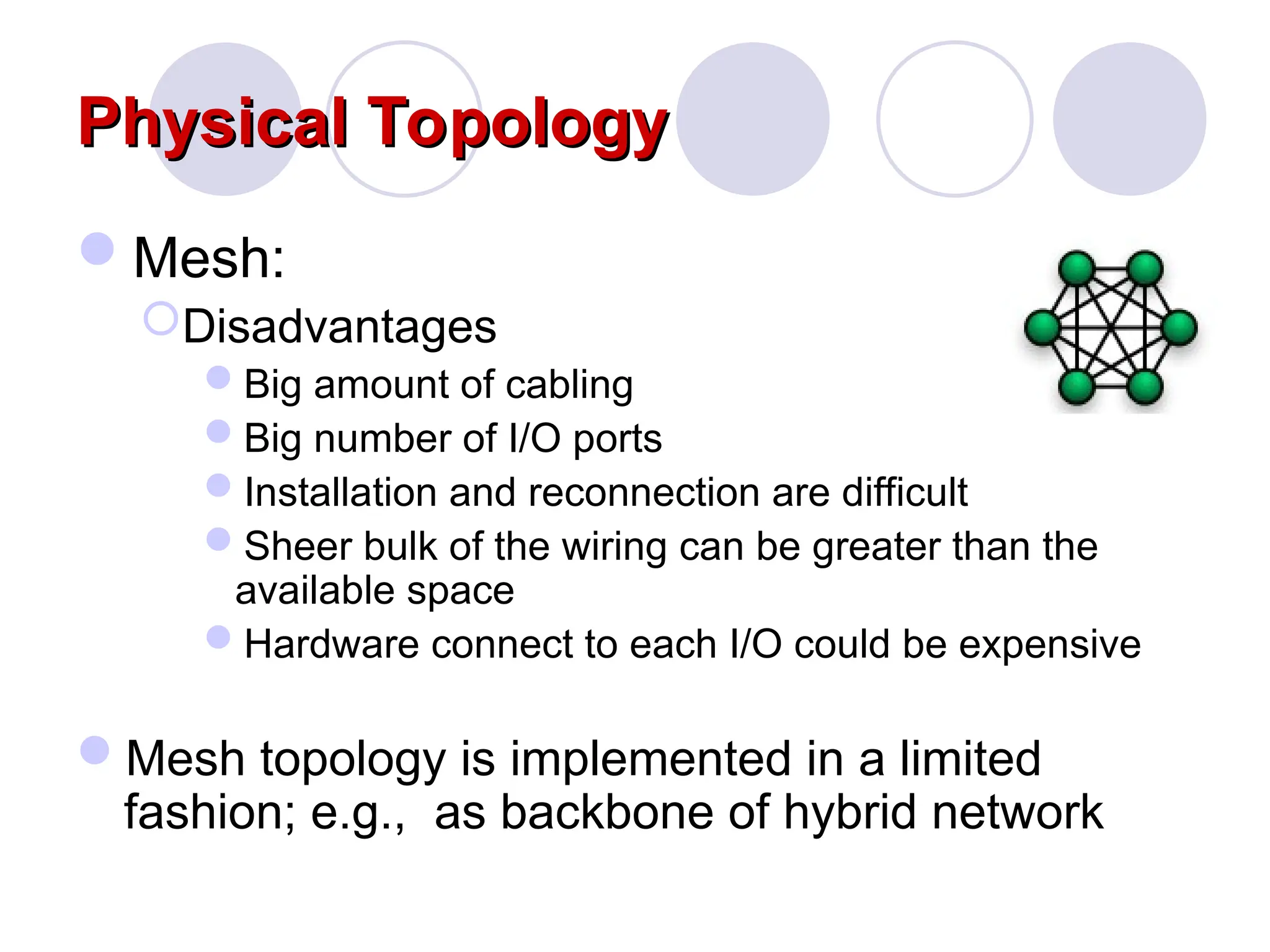 Physical Topology
Physical Topology
Mesh:
Disadvantages
Big amount of cabling
Big number of I/O ports
Installation and reconnection are difficult
Sheer bulk of the wiring can be greater than the
available space
Hardware connect to each I/O could be expensive
Mesh topology is implemented in a limited
fashion; e.g., as backbone of hybrid network
 