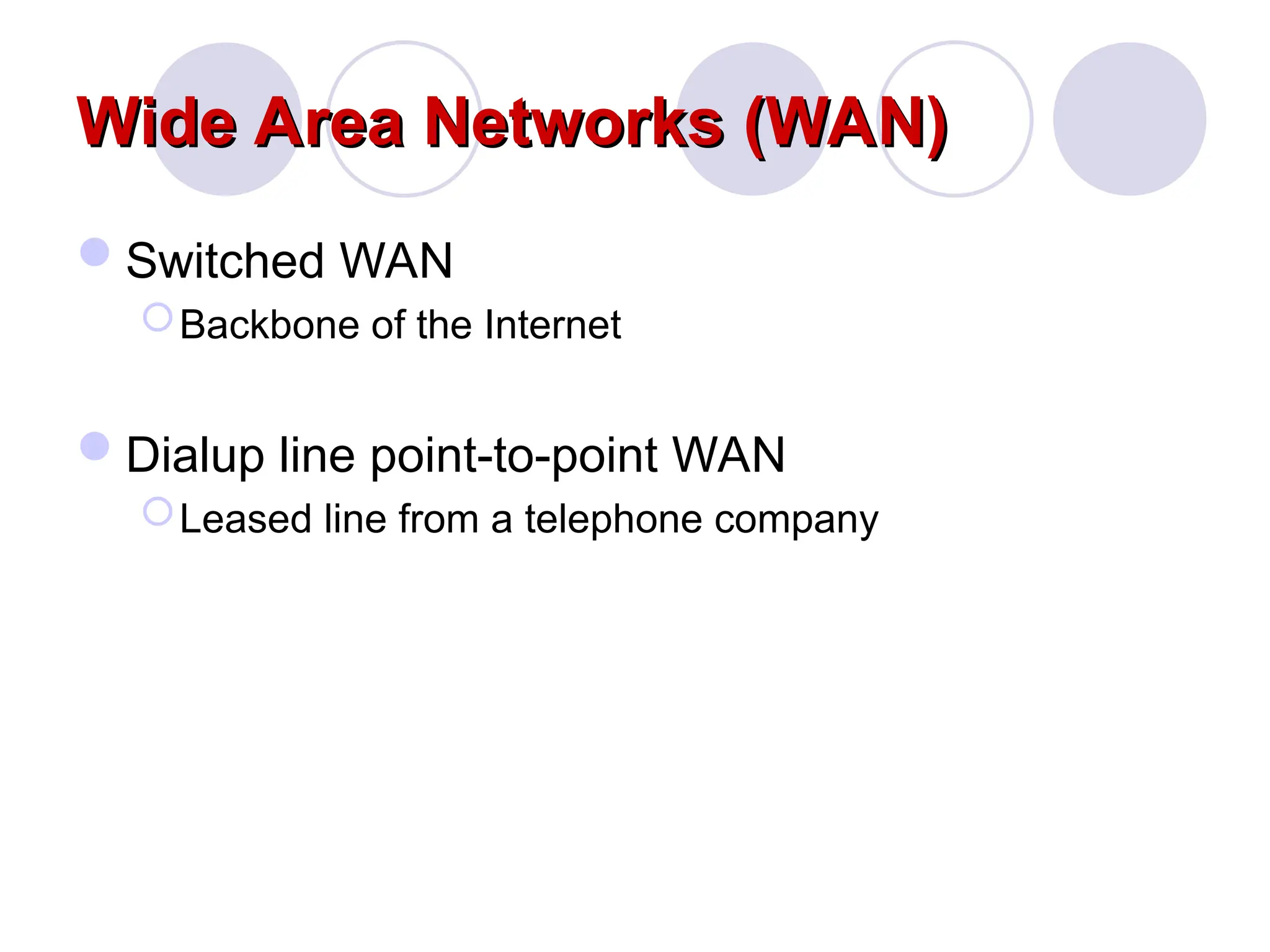 Wide Area Networks (WAN)
Wide Area Networks (WAN)
Switched WAN
Backbone of the Internet
Dialup line point-to-point WAN
Leased line from a telephone company
 