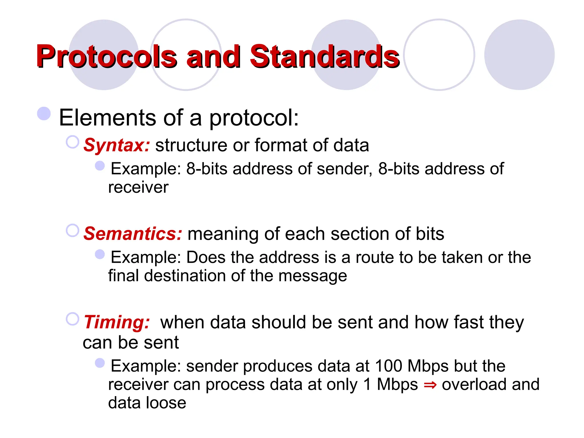 Protocols and Standards
Protocols and Standards
Elements of a protocol:
Syntax: structure or format of data
Example: 8-bits address of sender, 8-bits address of
receiver
Semantics: meaning of each section of bits
Example: Does the address is a route to be taken or the
final destination of the message
Timing: when data should be sent and how fast they
can be sent
Example: sender produces data at 100 Mbps but the
receiver can process data at only 1 Mbps  overload and
data loose
 