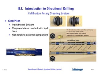 8.1. Introduction to Directional Drilling
25/39Quartz School. Module 8: Directional Drilling / Section 1C. Alvarez
Halliburton Rotary Steering System
• GeoPilot
• Point the bit System
• Requires lateral contact with well
bore
• Non rotating external component
•At-Bit Inclination 3 ft w/ azimuthal gamma ray
•Outer housing rotates slowly
•Anti-rotation wheels limit rotation
•Maximum DLS reduced with redesign
 