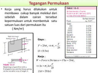 • Kerja yang harus dilakukan untuk
membawa cukup banyak molekul dari
sebelah dalam cairan tersebut
kepermukaan untuk membentuk satu
satuan luas dari permukaan itu
( Nm/m2
)
)5.0(
2
2
mb
b
F
bF SS
=
=⇒= σσ
Gaya :
Kerja :
)2(
2
2tanx
xbA
b
F
Ax
bxFceDisForceW
S
S
∆=∆
∆=∆⇒
=∆==
σ
σ
 