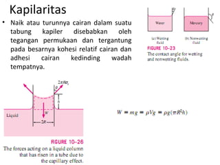 Kapilaritas
• Naik atau turunnya cairan dalam suatu
tabung kapiler disebabkan oleh
tegangan permukaan dan tergantung
pada besarnya kohesi relatif cairan dan
adhesi cairan kedinding wadah
tempatnya.
 