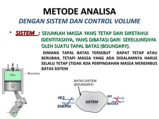 METODE ANALISAMETODE ANALISA
DENGAN SISTEM DAN CONTROL VOLUME
• SISTEMSISTEM :: SEJUMLAH MASSA YANG TETAP DAN DIKETAHUISEJUMLAH MASSA YANG TETAP DAN DIKETAHUI
IDENTITASNYA, YANG DIBATASI DARI SEKELILINGNYAIDENTITASNYA, YANG DIBATASI DARI SEKELILINGNYA
OLEH SUATU TAPAL BATAS (BOUNDARY).OLEH SUATU TAPAL BATAS (BOUNDARY).
DIMANA TAPAL BATAS TERSEBUT DAPAT TETAP ATAU
BERUBAH, TETAPI MASSA YANG ADA DIDALAMNYA HARUS
SELALU TETAP (TIDAK ADA PERPINDAHAN MASSA MENEMBUS
BATAS SISTEM
YESYES
ENERGIENERGI
BATAS SISTEM
(BOUNDARY)
NO
MASSA
 
