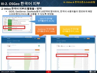 III. OSGeo & 한국오픈소스GIS포럼

III-2. OSGeo 한국어 지부
 OSGeo 한국어 지부의 활동들 – 번역

 QGIS, GeoServer, GeoNode등의 UI번역에 참여하여, 한국어 사용자들이 편리하게 해당
소프트웨어(서비스)를 사용할 수 있도록 하였음.
QGIS 각 언어별
번역률(한국, 99.2%)

GeoServer 각 언어별
번역률(한국어, 100%)

오픈소스GIS교육 - 안양대학교

100

GeoNode 각 언어별
번역률(한국어, 35%)

박희구(hgpark@gaia3d.com)

 