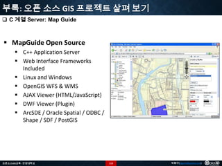 부록: 오픈 소스 GIS 프로젝트 살펴 보기
 C 계열 Server: Map Guide

 MapGuide Open Source
 C++ Application Server
 Web Interface Frameworks
Included
 Linux and Windows
 OpenGIS WFS & WMS
 AJAX Viewer (HTML/JavaScript)
 DWF Viewer (Plugin)
 ArcSDE / Oracle Spatial / ODBC /
Shape / SDF / PostGIS

오픈소스GIS교육 - 안양대학교

113

박희구(hgpark@gaia3d.com)

 