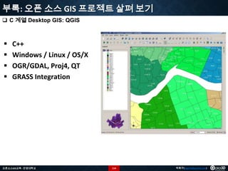 부록: 오픈 소스 GIS 프로젝트 살펴 보기
 C 계열 Desktop GIS: QGIS






C++
Windows / Linux / OS/X
OGR/GDAL, Proj4, QT
GRASS Integration

오픈소스GIS교육 - 안양대학교

114

박희구(hgpark@gaia3d.com)

 