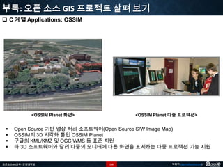 부록: 오픈 소스 GIS 프로젝트 살펴 보기
 C 계열 Applications: OSSIM

<OSSIM Planet 화면>






<OSSIM Planet 다중 프로젝션>

Open Source 기반 영상 처리 소프트웨어(Open Source S/W Image Map)
OSSIM의 3D 시각화 툴인 OSSIM Planet
구글의 KML/KMZ 및 OGC WMS 등 표준 지원
타 3D 소프트웨어와 달리 다중의 모니터에 다른 화면을 표시하는 다중 프로젝션 기능 지원

오픈소스GIS교육 - 안양대학교

116

박희구(hgpark@gaia3d.com)

 
