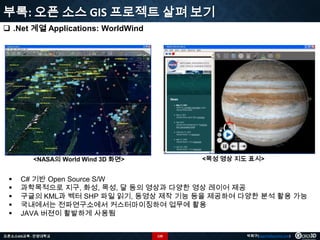 부록: 오픈 소스 GIS 프로젝트 살펴 보기
 .Net 계열 Applications: WorldWind

<목성 영상 지도 표시>

<NASA의 World Wind 3D 화면>







C# 기반 Open Source S/W
과학목적으로 지구, 화성, 목성, 달 등의 영상과 다양한 영상 레이어 제공
구글의 KML과 벡터 SHP 파일 읽기, 동영상 제작 기능 등을 제공하여 다양한 분석 활용 가능
국내에서는 전파연구소에서 커스터마이징하여 업무에 활용
JAVA 버젼이 활발하게 사용됨

오픈소스GIS교육 - 안양대학교

120

박희구(hgpark@gaia3d.com)

 