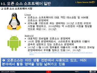 I-1. 오픈 소스 소프트웨어 일반

I. Open Source SW란?

 오픈 소스 소프트웨어 시장
Linux
 오픈소스 소프트웨어의 대표 격인 데스크탑 및 서버용
오픈소스 운영체제
 리눅스를 기반으로 하는 생태계는 2012년 35조원 규모의
시장을 형성하고, 2016년에는 약 60조원의 시장을 형성할
것으로 예상(IDC, 2012년)
Android
 대표적인 모바일용 오픈소스 운영체제
 iOS의 경쟁 운영체제로서, 스마트폰의 활성화와 더불어
급속히 성장하고 있는 오픈소스 운영체제
 2013년 11월 81%의 점유율로 애플사의 iOS를 제치고 모바일
운영체제에서 우위를 점하고 있음(IDC, 2013년)
http://news.cnet.com/8301-1035_3-57612057-94/android-dominates-81-percent-of-world-smartphonemarket/

 오픈소스는 이미 생활 전반에서 사용되고 있고, 여러
분야에서 활동 영역을 점점 넓혀가고 있음
오픈소스GIS교육 - 안양대학교

17

박희구(hgpark@gaia3d.com)

 