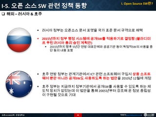 I-5. 오픈 소스 SW 관련 정책 동향

I. Open Source SW란?

 해외 – 러시아 & 호주

 러시아 정부는 오픈소스 문서 포맷을 국가 표준 문서 규격으로 채택

 2015년까지 정부 행정 시스템에 공개SW를 적용하기로 결정함 (블라디미
르 푸틴 러시아 총리 승인 계획안)


2015년까지 향후 5년간 연방 대표단체와 공공기관 등이 독점적SW의 사용을 중
단 등의 내용 포함

 호주 연방 정부는 관계기관에서 ICT 관련 소프트웨어 구입시 상용 소프트
웨어 뿐만 아니라 공개SW도 사용하도록 하는 법안을 2010년 12월에 개정
 호주 정부는 지금까지 정부기관에서 공개SW를 사용할 수 있도록 하는 제
도적 장치가 없었는데 이 법안을 통해 2005년부터 강조해 온 정보 중립성
이 구현될 것으로 기대

오픈소스GIS교육 - 안양대학교

40

박희구(hgpark@gaia3d.com)

 