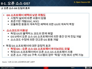 II-1. 오픈 소스 GIS?

II. Open Source GIS

 오픈 소스 GIS 도입의 효과

 GIS 소프트웨어 채택의 낮은 위험도
 시험적 설치에 따른 비용이 없음
 표준기반 개발(OGC, W3C)
 모듈화된 응용의 계속적인 채택에 의한 GIS의 계속적 확장

 소스코드의 이용성
 독점 GIS의 블랙박스 코드의 문제 해결
 GIS SI에서 오픈 소스 GIS 소프트웨어에 의한 중간 단계 진입 개발
 소스코드 수정에 의한 견고한 GIS 응용 개발
 독점 GIS 소프트웨어에 대한 긍정적 효과
 독점 GIS – 오픈 소스 GIS 소프트웨어 하이브리드 모델
 독점 GIS 소프트웨어에서 오픈 소스 GIS 소프트웨어 사용
 오픈 소스 기반 GIS 구축 시스템의 경우 “독립” 지원 회사 선택 가능
Source : “오픈 소스 GIS 소프트웨어와 표준”, 남광우

오픈소스GIS교육 - 안양대학교

49

박희구(hgpark@gaia3d.com)

 