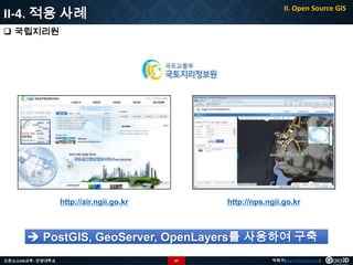 II-4. 적용 사례

II. Open Source GIS

 국립지리원

http://air.ngii.go.kr

http://nps.ngii.go.kr

 PostGIS, GeoServer, OpenLayers를 사용하여 구축
오픈소스GIS교육 - 안양대학교

67

박희구(hgpark@gaia3d.com)

 