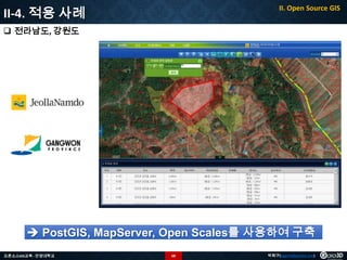 II-4. 적용 사례

II. Open Source GIS

 전라남도, 강원도

 PostGIS, MapServer, Open Scales를 사용하여 구축
오픈소스GIS교육 - 안양대학교

68

박희구(hgpark@gaia3d.com)

 