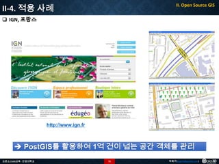 II-4. 적용 사례

II. Open Source GIS

 IGN, 프랑스

http://www.ign.fr

 PostGIS를 활용하여 1억 건이 넘는 공간 객체를 관리
오픈소스GIS교육 - 안양대학교

72

박희구(hgpark@gaia3d.com)

 