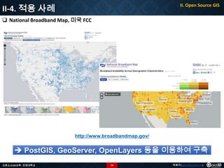 II-4. 적용 사례

II. Open Source GIS

 National Broadband Map, 미국 FCC

http://www.broadbandmap.gov/

 PostGIS, GeoServer, OpenLayers 등을 이용하여 구축
오픈소스GIS교육 - 안양대학교

74

박희구(hgpark@gaia3d.com)

 
