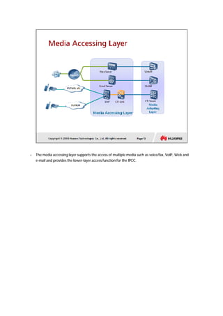 l The media accessing layer supports the access of multiple media such as voice/fax, VoIP, Web and 
e-mail and provides the lower-layer access function for the IPCC. 
 