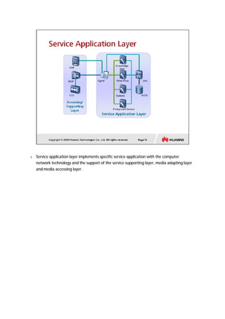 l Service application layer implements specific service application with the computer 
network technology and the support of the service supporting layer, media adapting layer 
and media accessing layer. 
 