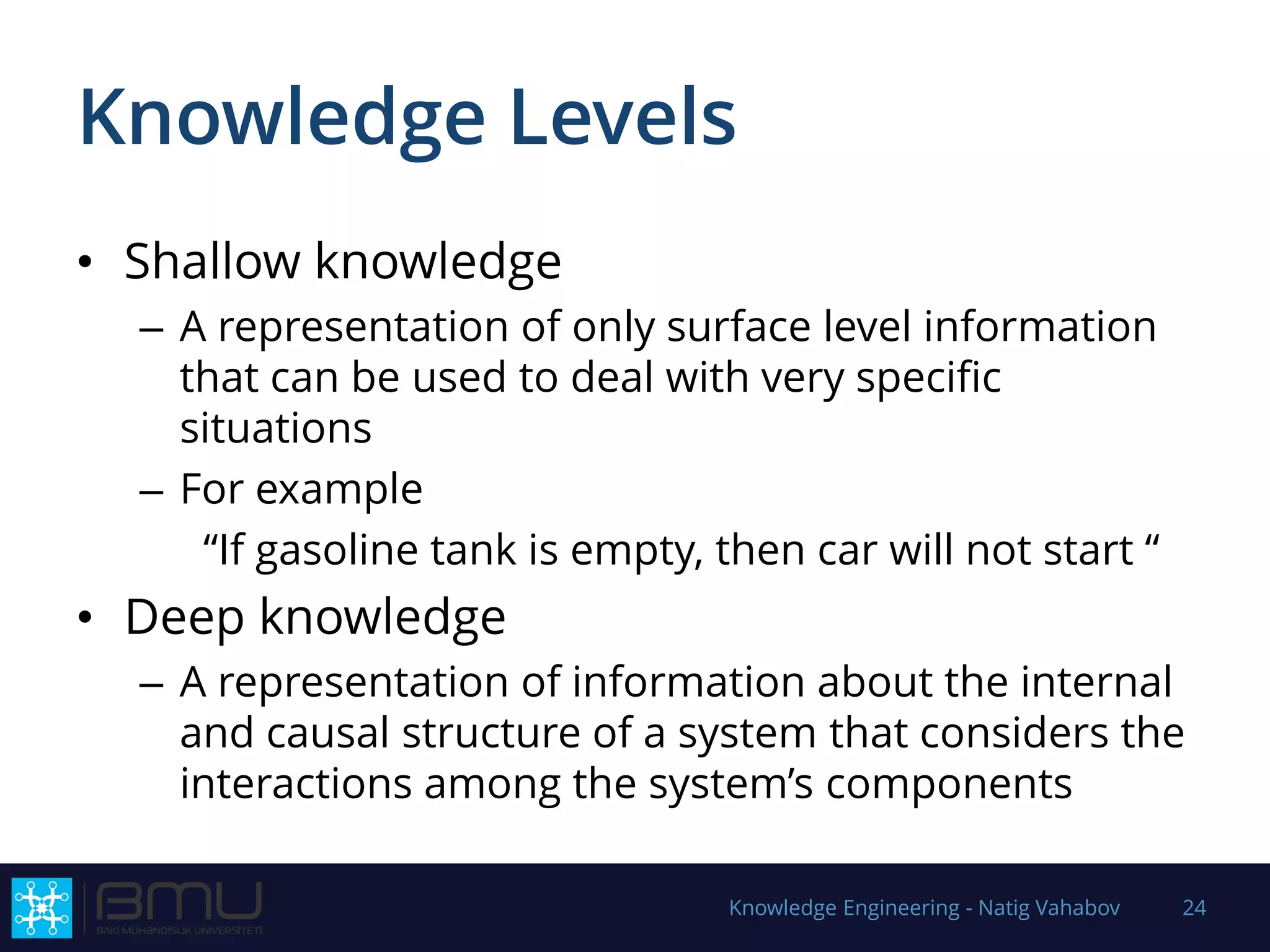 Knowledge Levels
• Shallow knowledge
– A representation of only surface level information
that can be used to deal with very specific
situations
– For example
“If gasoline tank is empty, then car will not start “
• Deep knowledge
– A representation of information about the internal
and causal structure of a system that considers the
interactions among the system’s components
Knowledge Engineering - Natig Vahabov 24
 