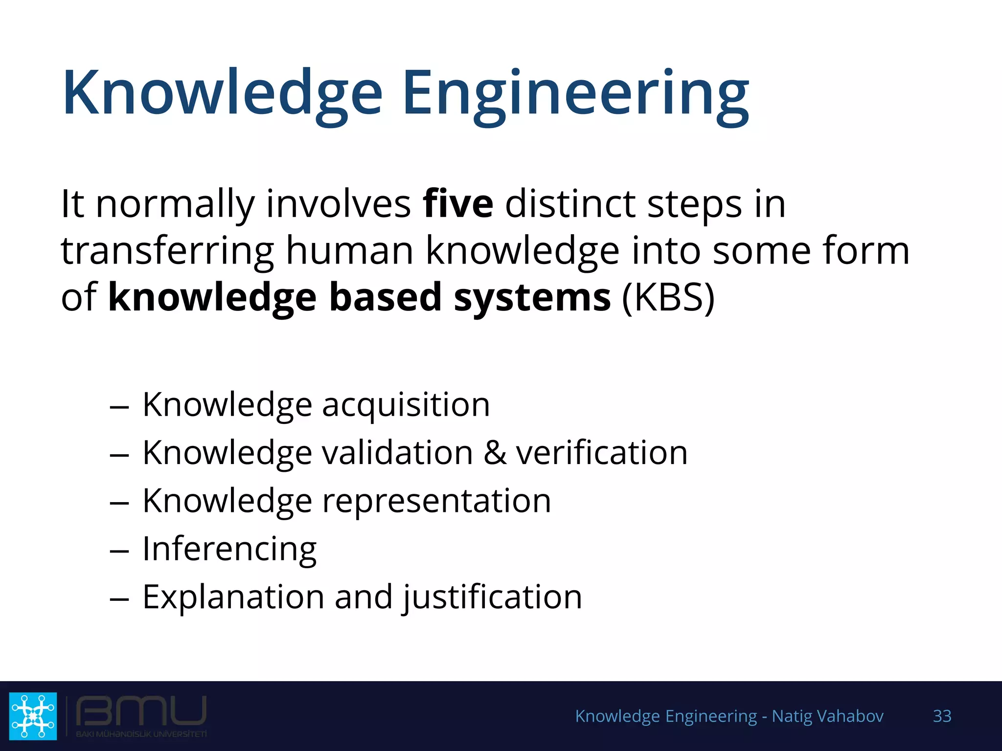 Knowledge Engineering
It normally involves five distinct steps in
transferring human knowledge into some form
of knowledge based systems (KBS)
– Knowledge acquisition
– Knowledge validation & verification
– Knowledge representation
– Inferencing
– Explanation and justification
Knowledge Engineering - Natig Vahabov 33
 