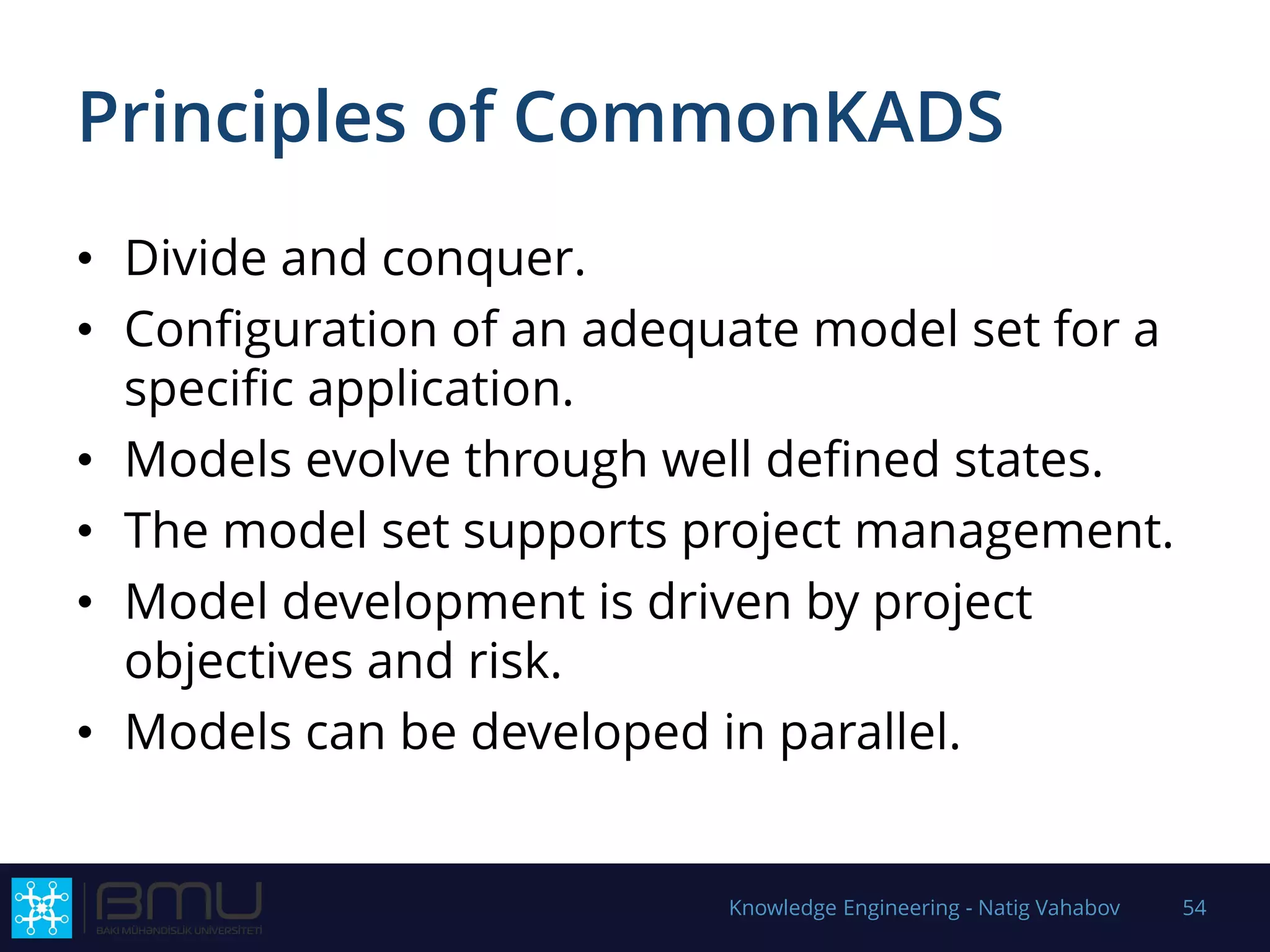 Principles of CommonKADS
• Divide and conquer.
• Configuration of an adequate model set for a
specific application.
• Models evolve through well defined states.
• The model set supports project management.
• Model development is driven by project
objectives and risk.
• Models can be developed in parallel.
Knowledge Engineering - Natig Vahabov 54
 